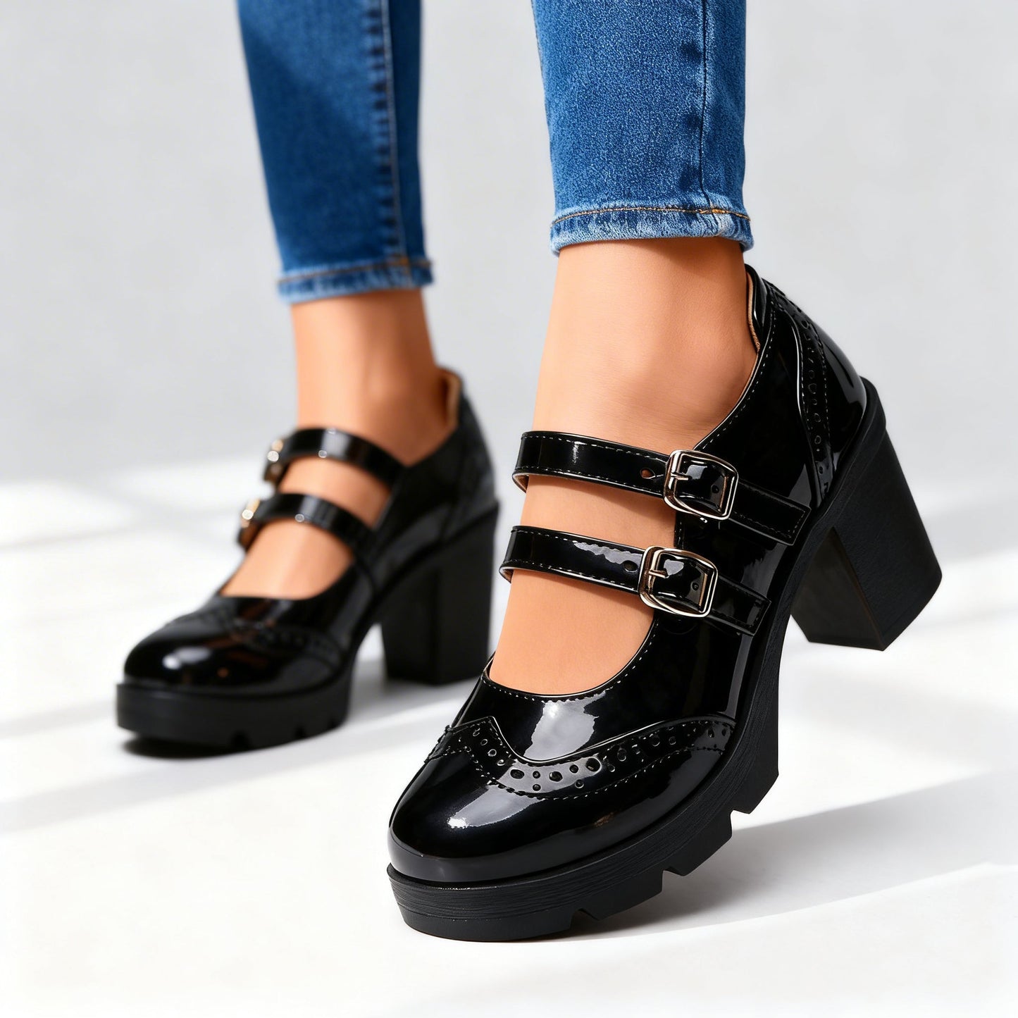 Damen Loafer mit Doppelschnallenriemen und Absatz Jully