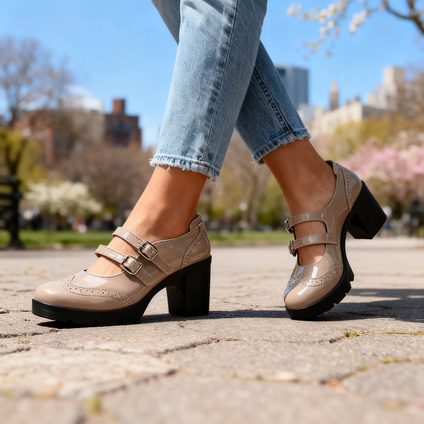 Damen Loafer mit Doppelschnallenriemen und Absatz Jully
