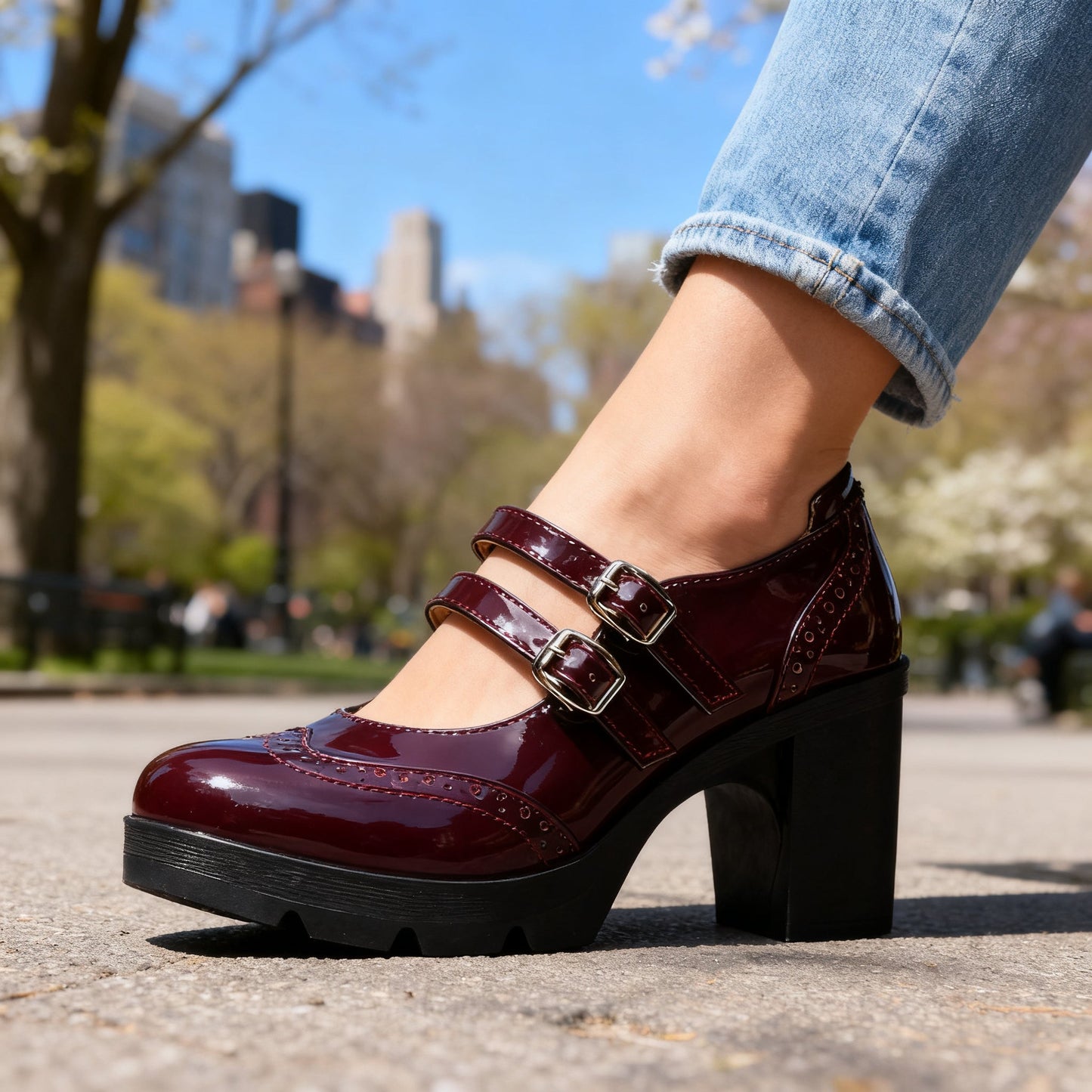 Damen Loafer mit Doppelschnallenriemen und Absatz Jully