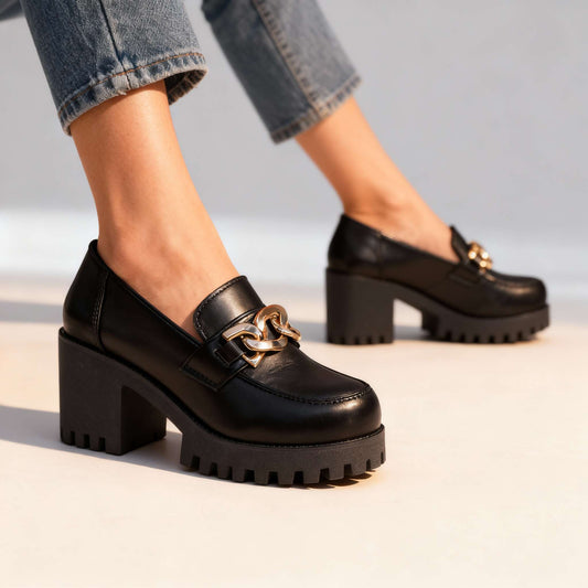 Damen Loafer mit Kettendetail und Blockabsatz Jully