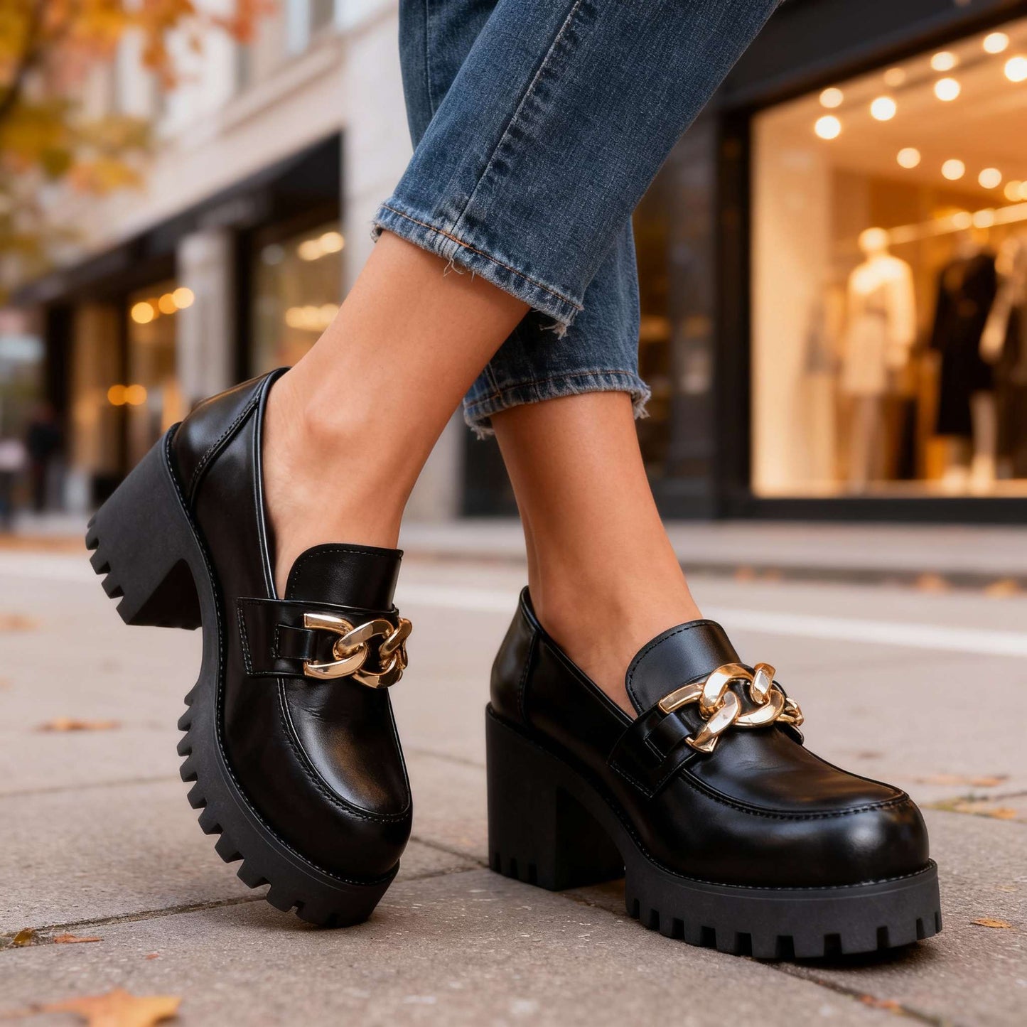 Damen Loafer mit Kettendetail und Blockabsatz Jully