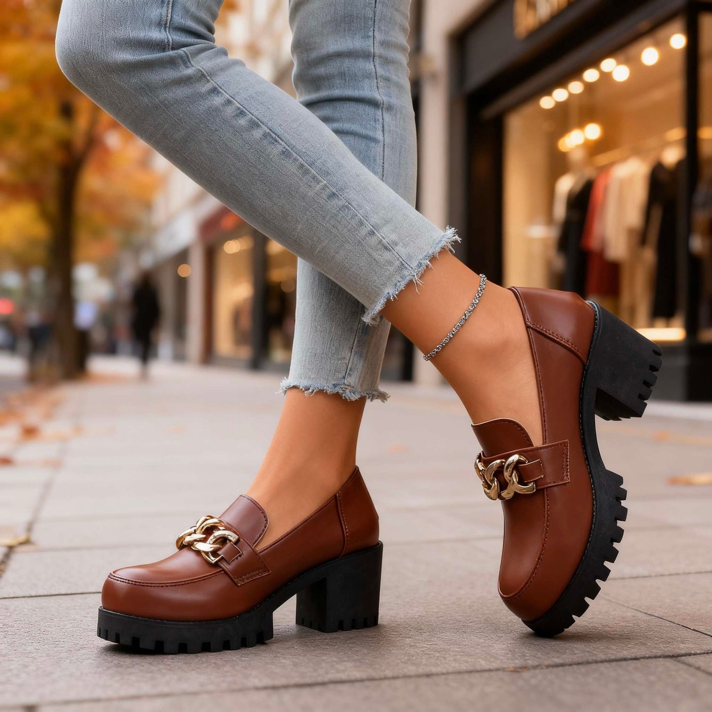Damen Loafer mit Kettendetail und Blockabsatz Jully