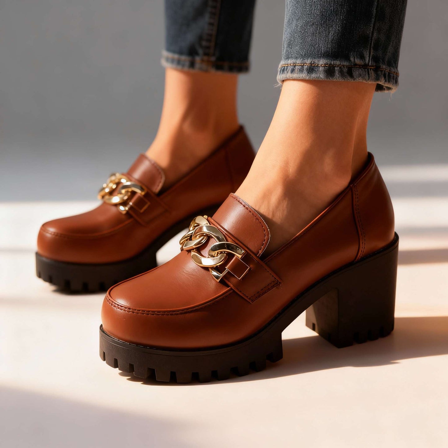 Damen Loafer mit Kettendetail und Blockabsatz Jully