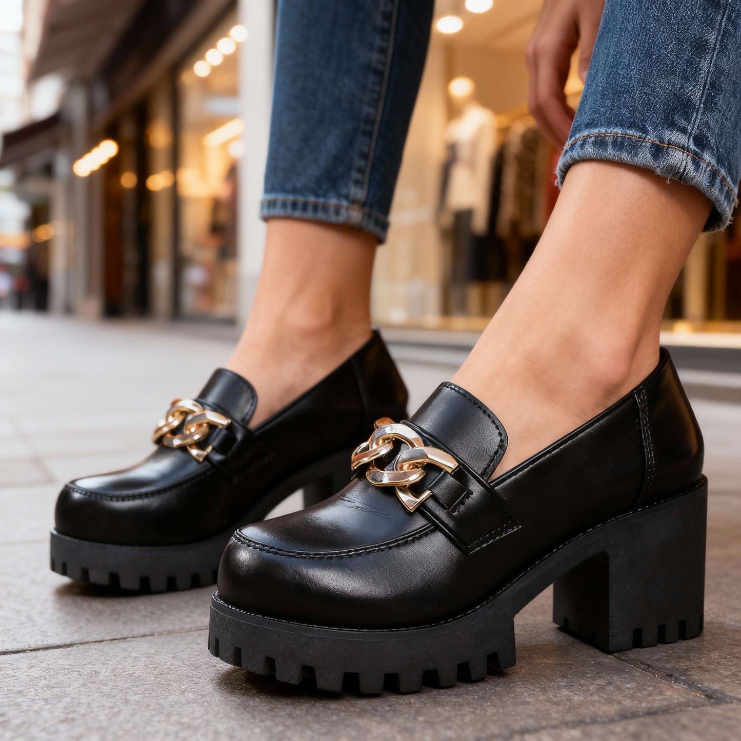 Damen Loafer mit Kettendetail und Blockabsatz Jully