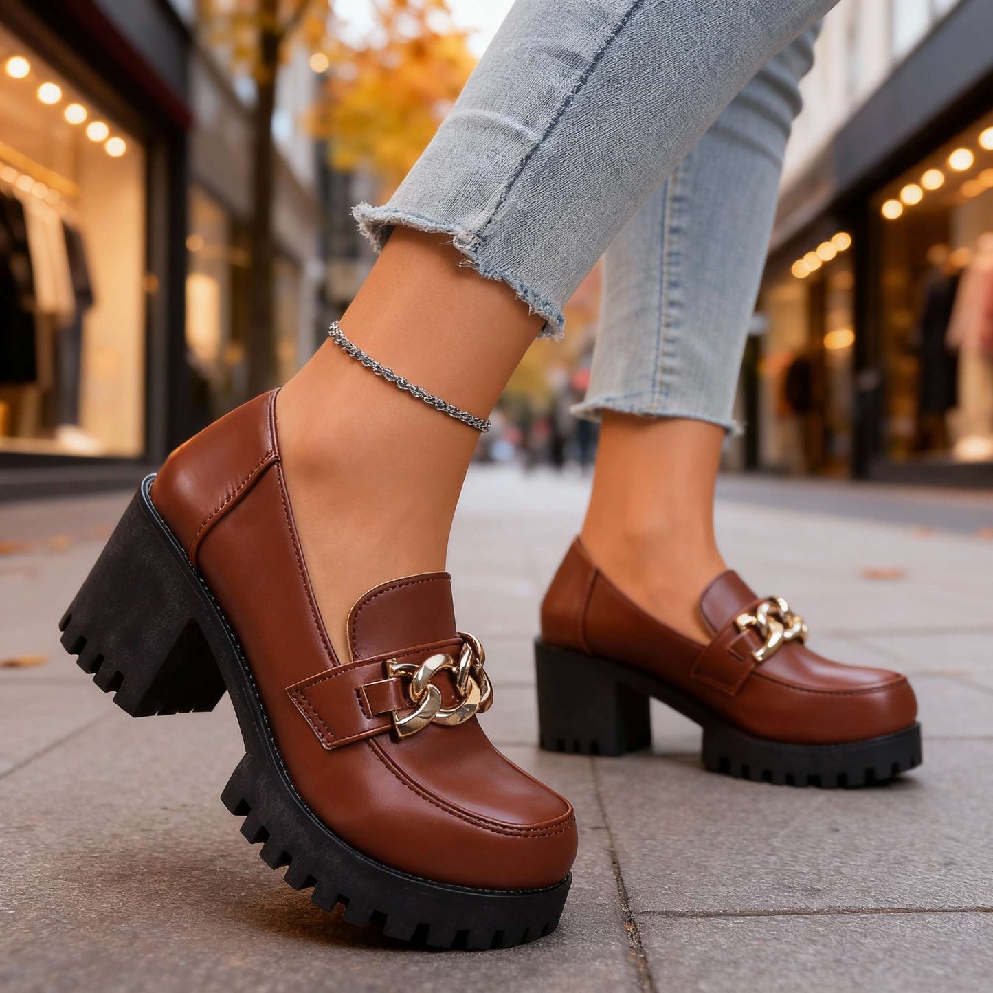Damen Loafer mit Kettendetail und Blockabsatz Jully