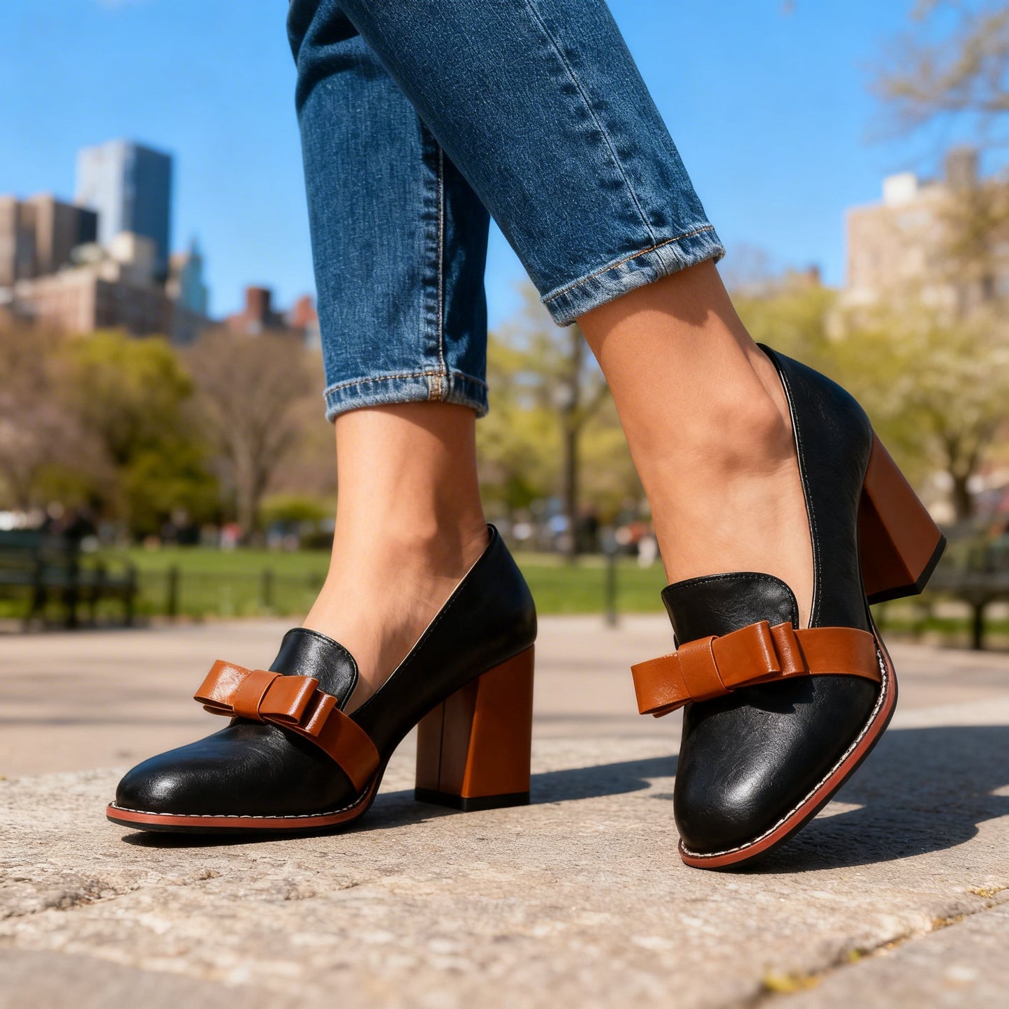 Damen Loafer mit Schleifenriemen und Blockabsatz Jully