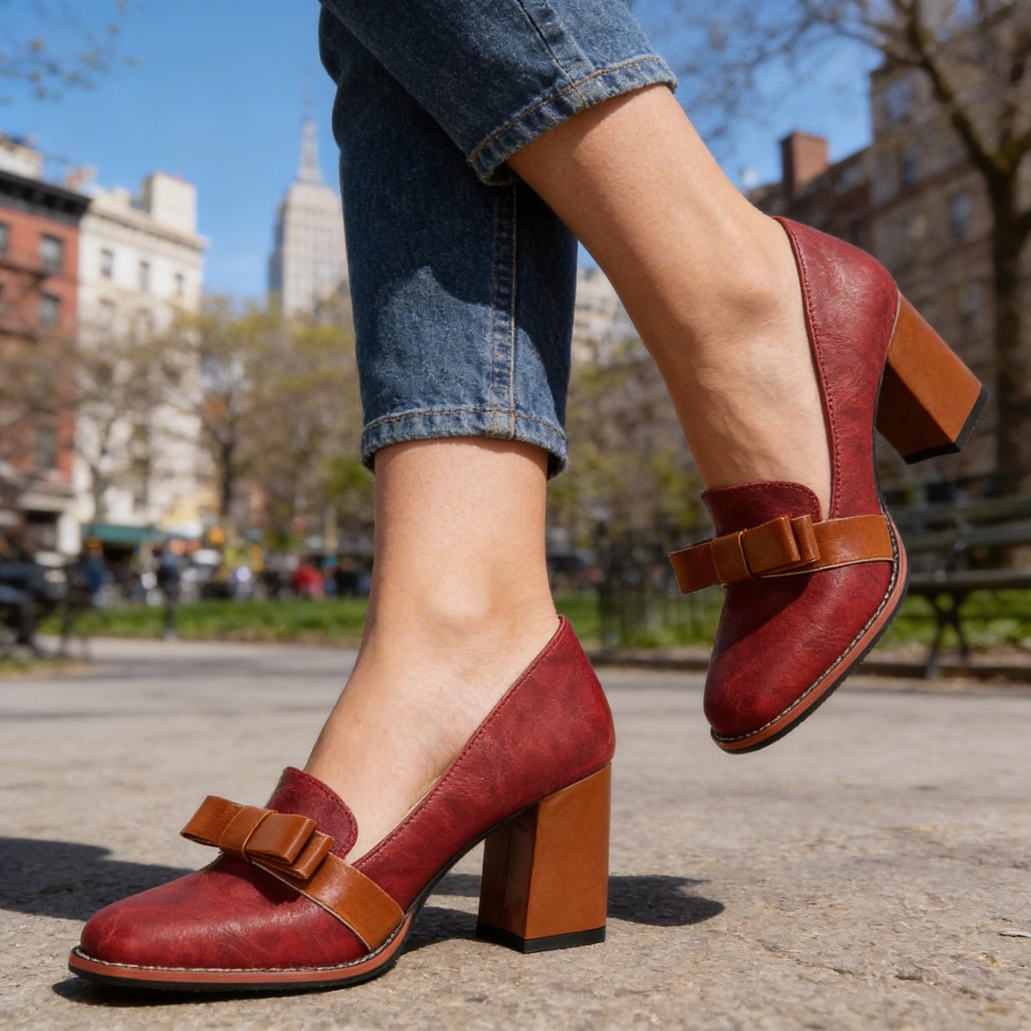 Damen Loafer mit Schleifenriemen und Blockabsatz Jully