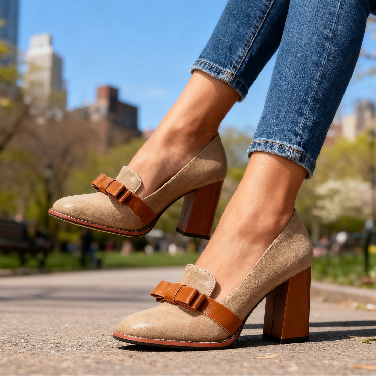 Damen Loafer mit Schleifenriemen und Blockabsatz Jully