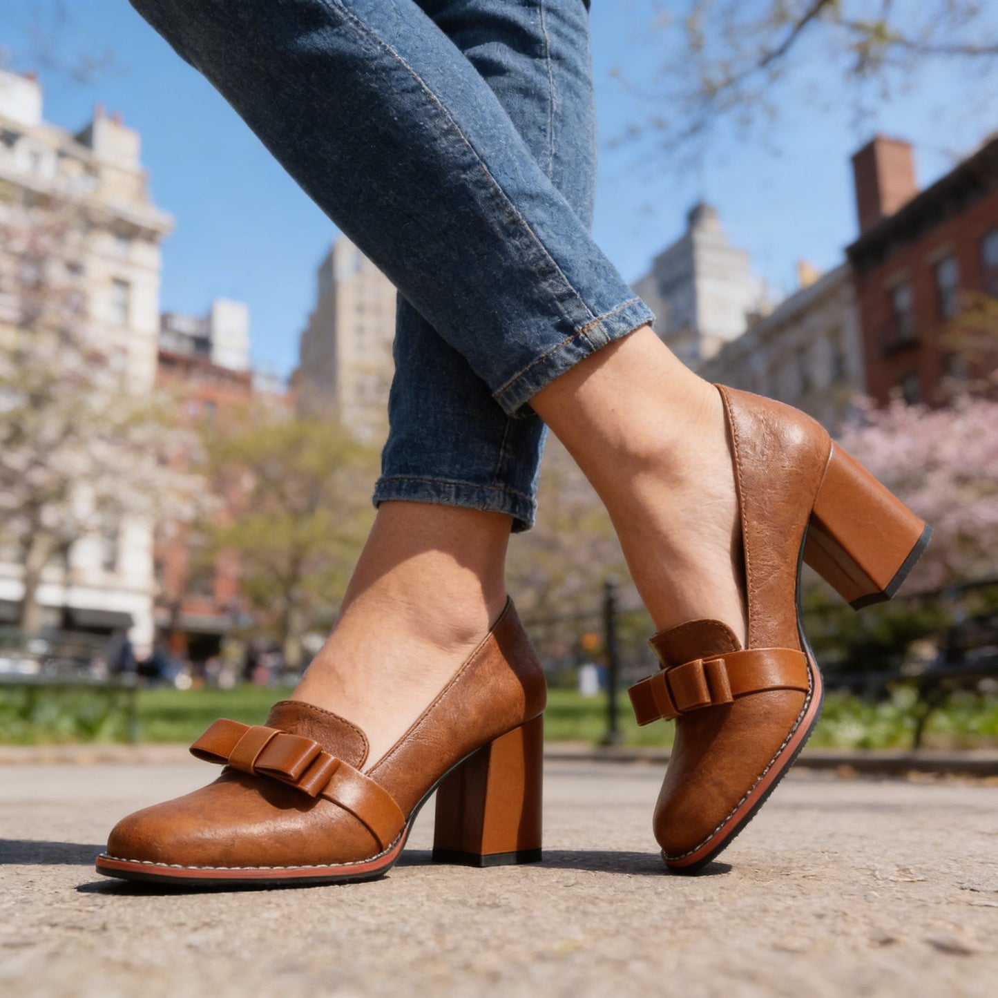 Damen Loafer mit Schleifenriemen und Blockabsatz Jully