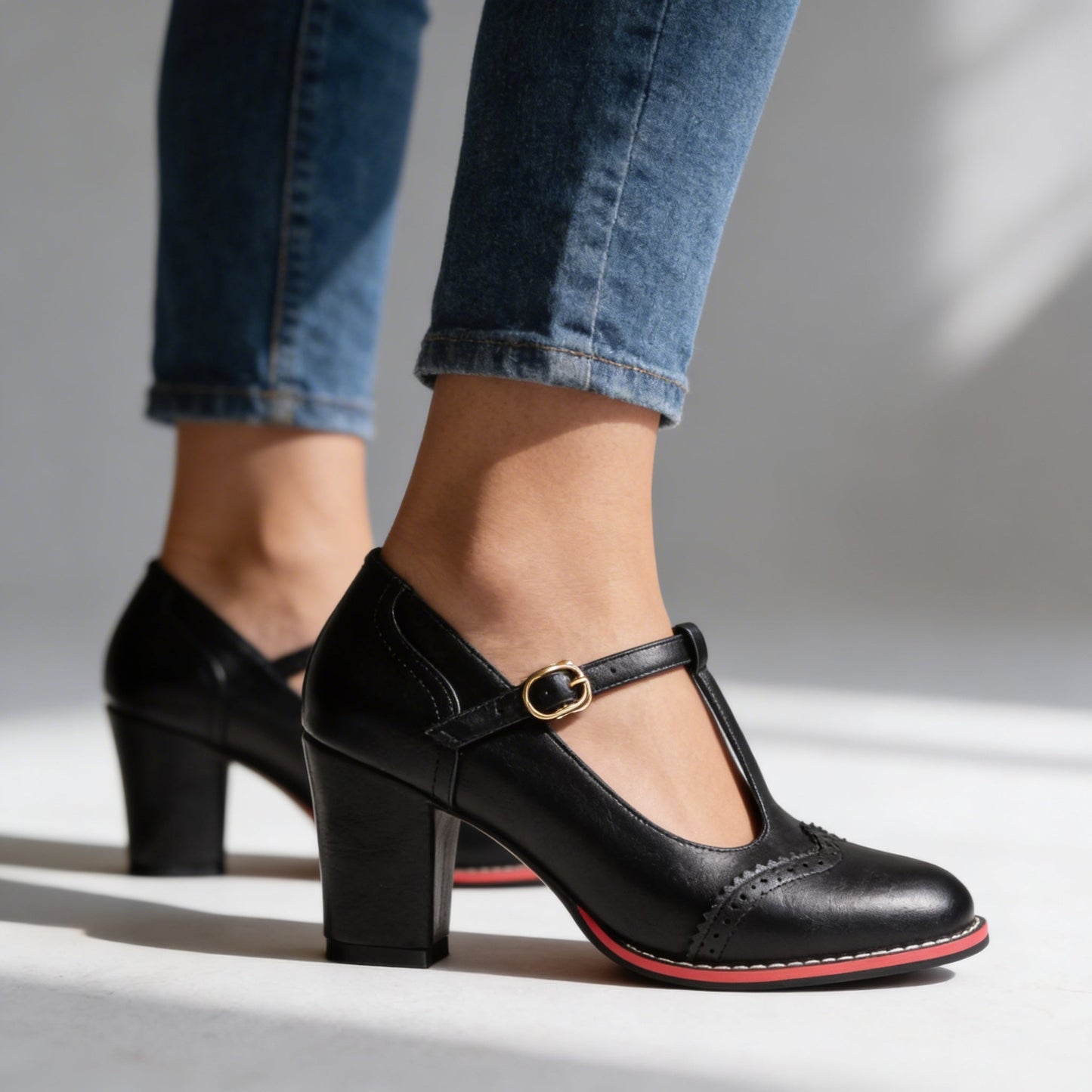 Damen Loafer mit T-Riemenschnalle und Absatz Jully