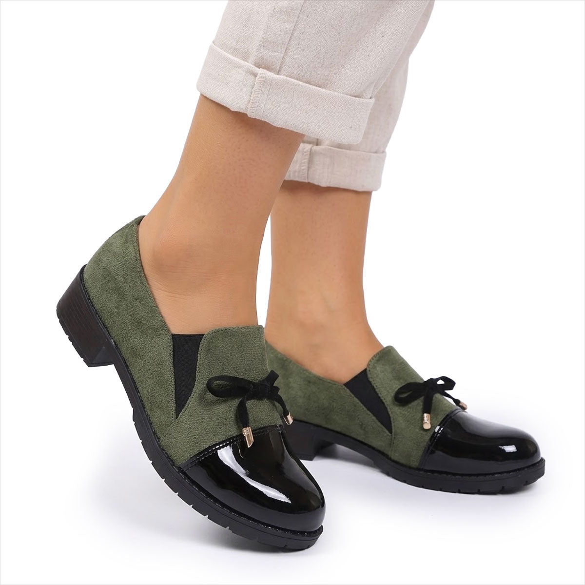 Damen Loafer schwarz mit Schleife und Lackspitze Jully