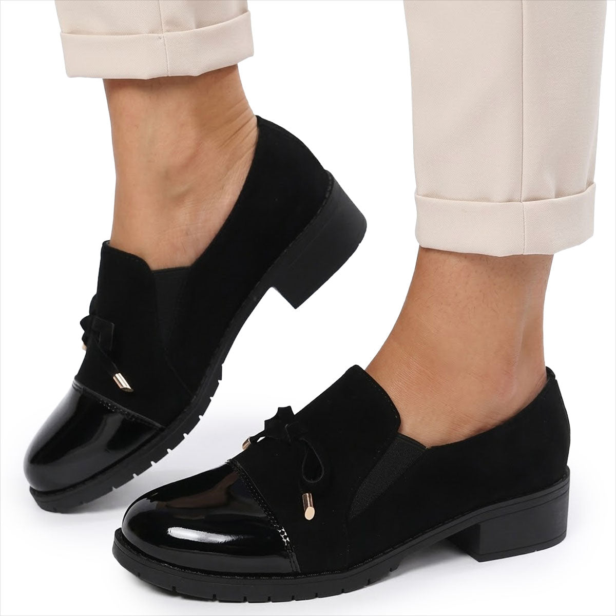 Damen Loafer schwarz mit Schleife und Lackspitze Jully