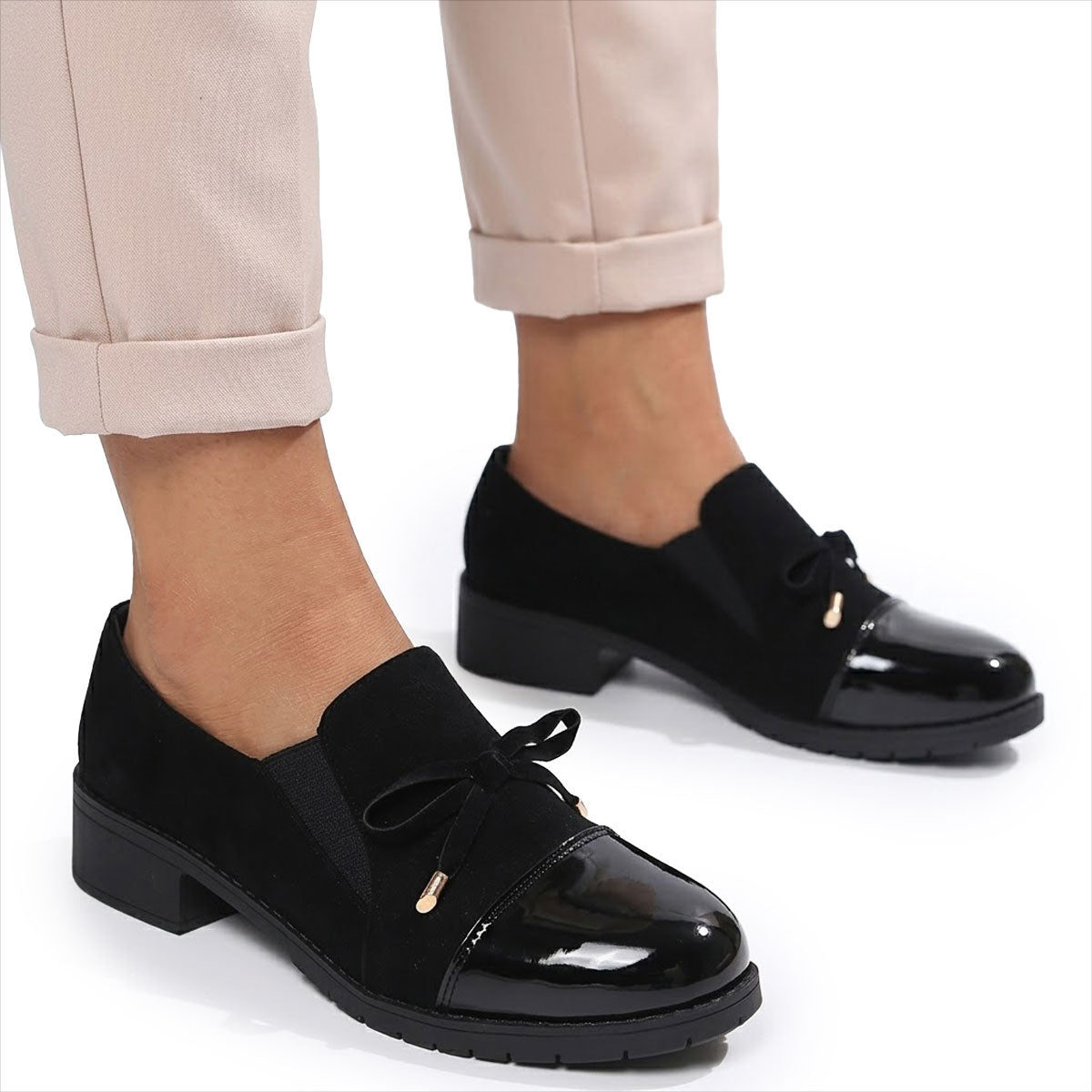 Damen Loafer schwarz mit Schleife und Lackspitze Jully