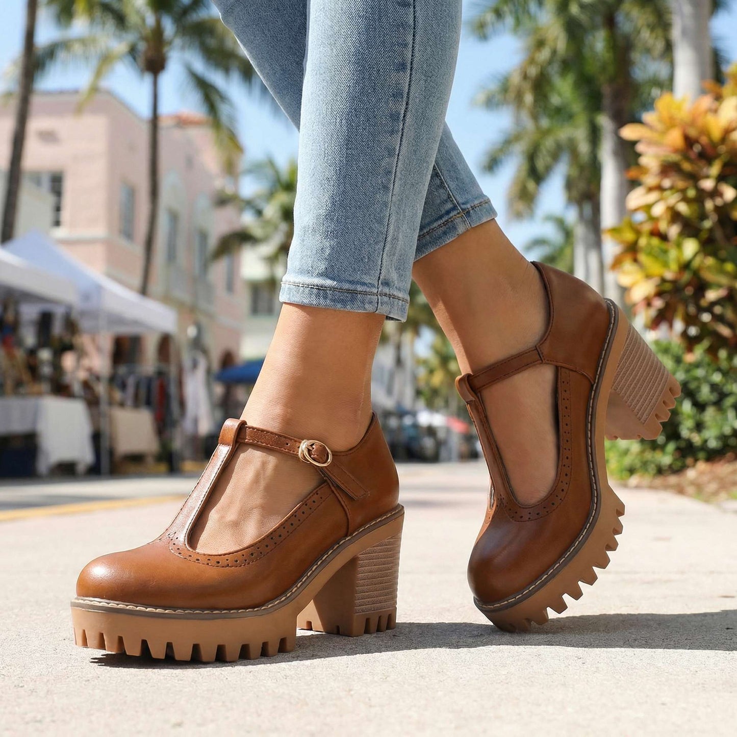 Damen Mary-Jane-Heels mit T-Riemen und gepolsterter Innensohle Jully