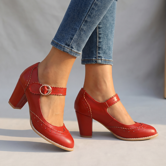 Damen Mary-Jane-Pumps mit Brogue-Kanten in Schwarz Jully