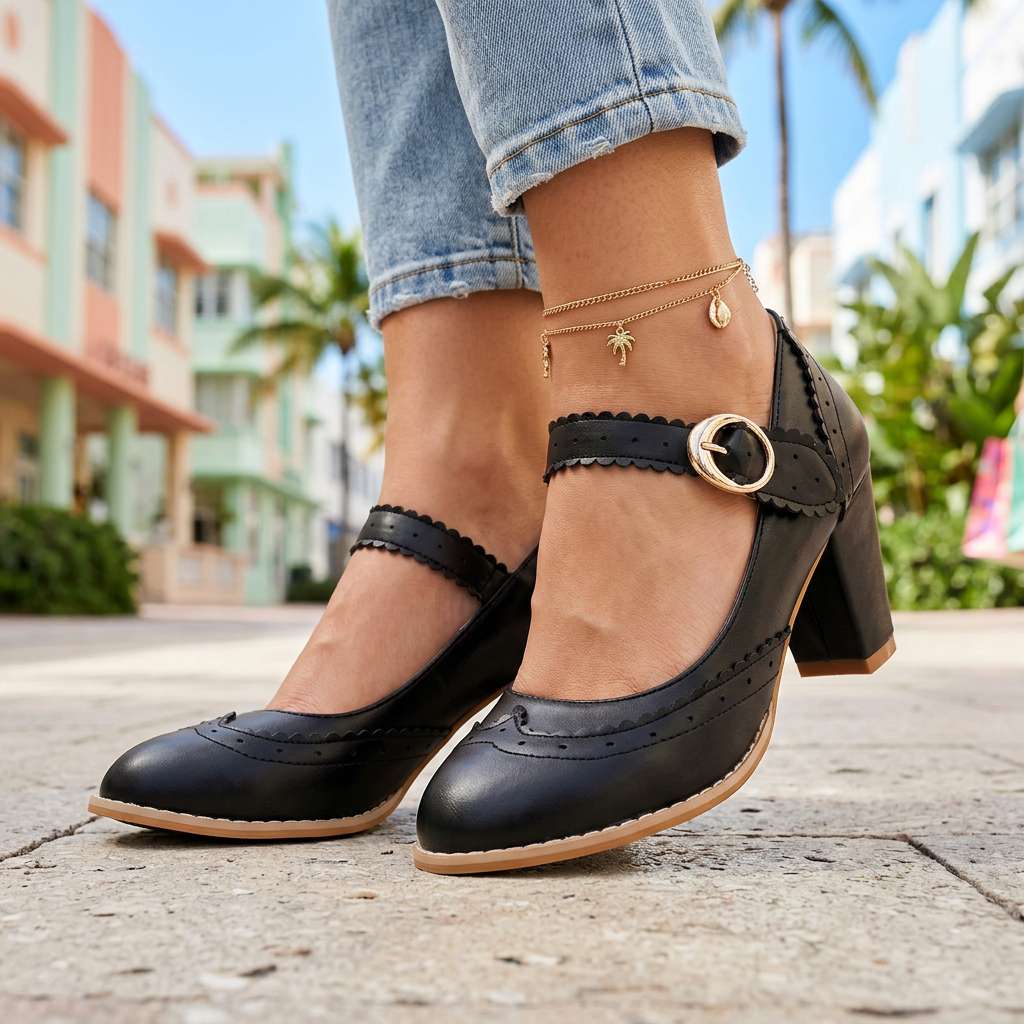 Damen Mary-Jane-Pumps mit Brogue-Kanten in Schwarz Jully