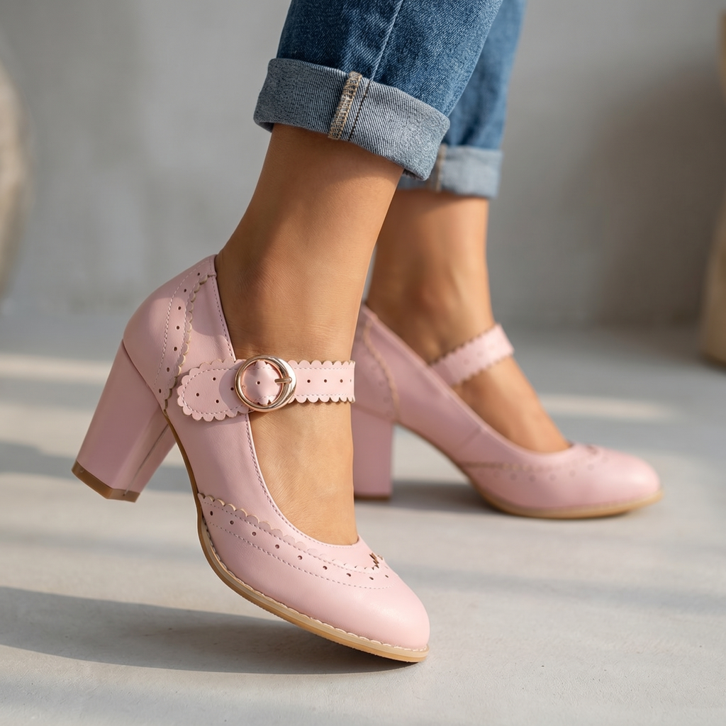 Damen Mary-Jane-Pumps mit Brogue-Kanten in Schwarz Jully