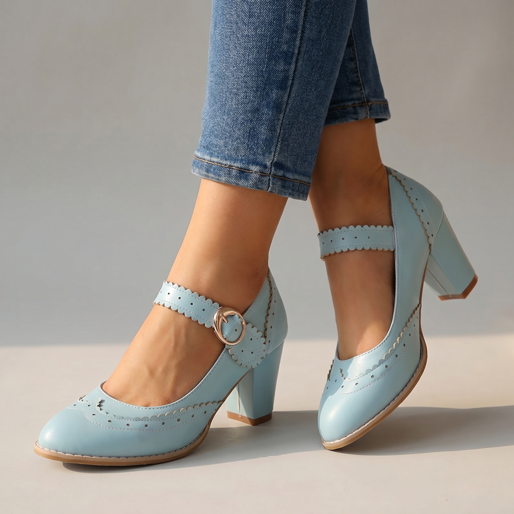 Damen Mary-Jane-Pumps mit Brogue-Kanten in Schwarz Jully