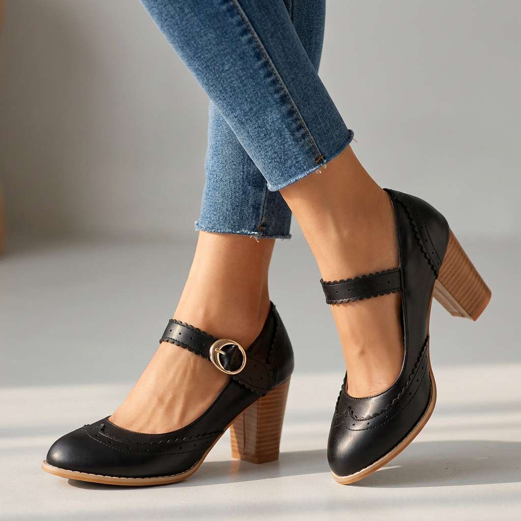Damen Mary-Jane-Pumps mit Brogue-Kanten in Schwarz Jully