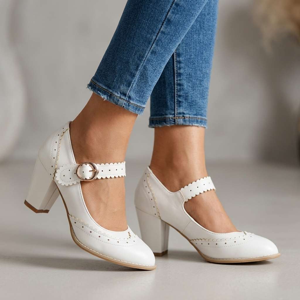 Damen Mary-Jane-Pumps mit Brogue-Kanten in Schwarz Jully