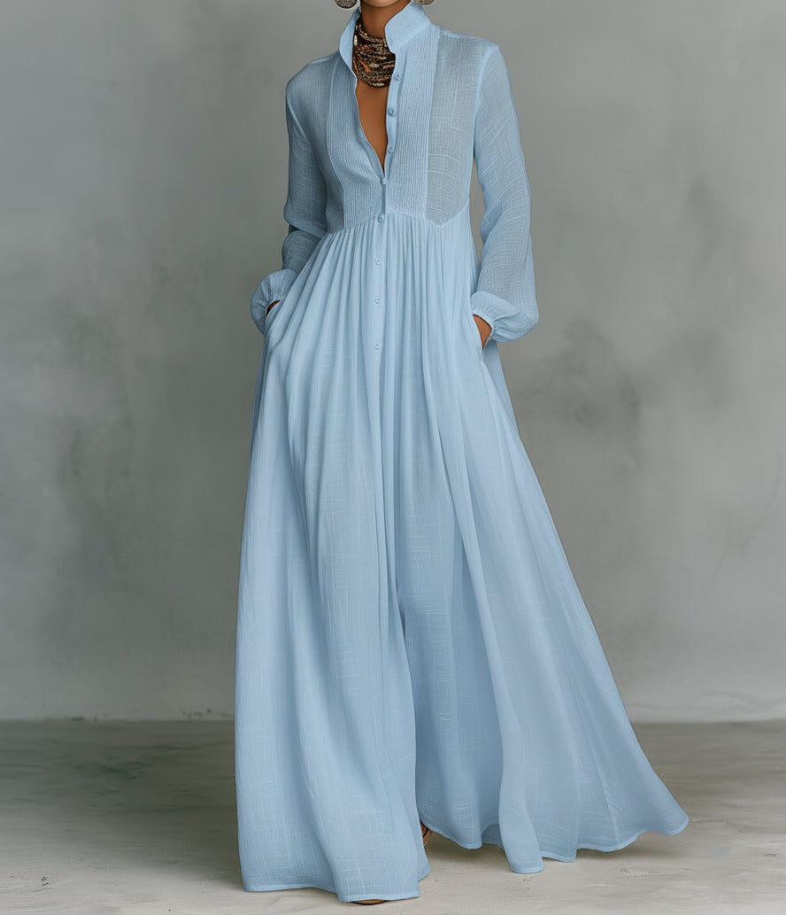 Damen Maxi-Kleid mit Mao-Kragen in Blau Jully