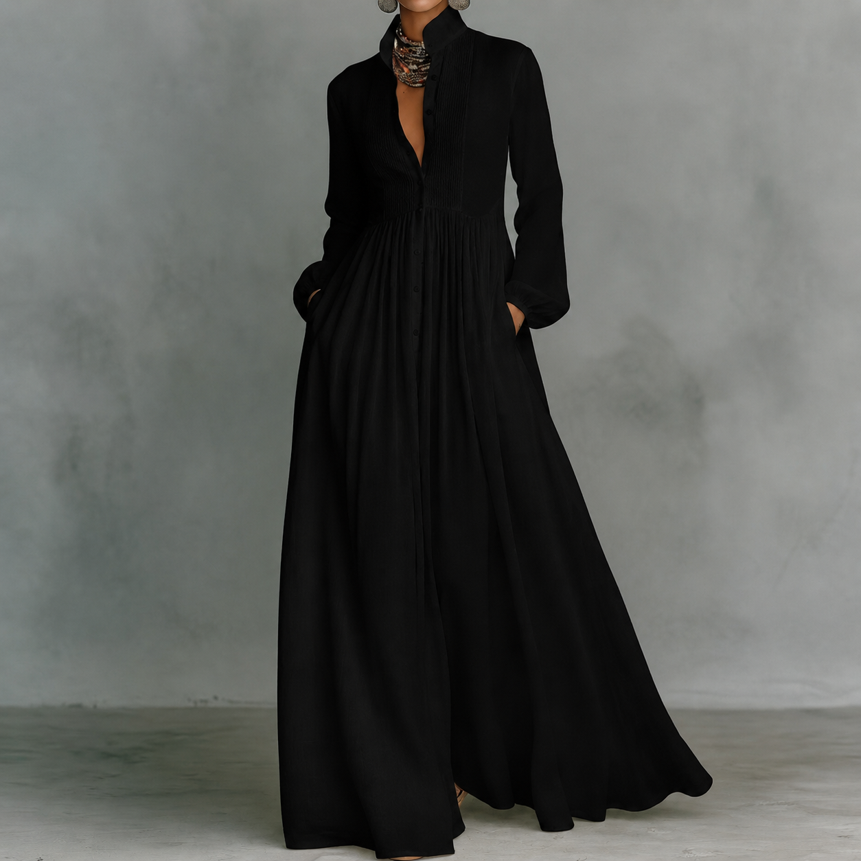 Damen Maxi-Kleid mit Mao-Kragen in Blau Jully