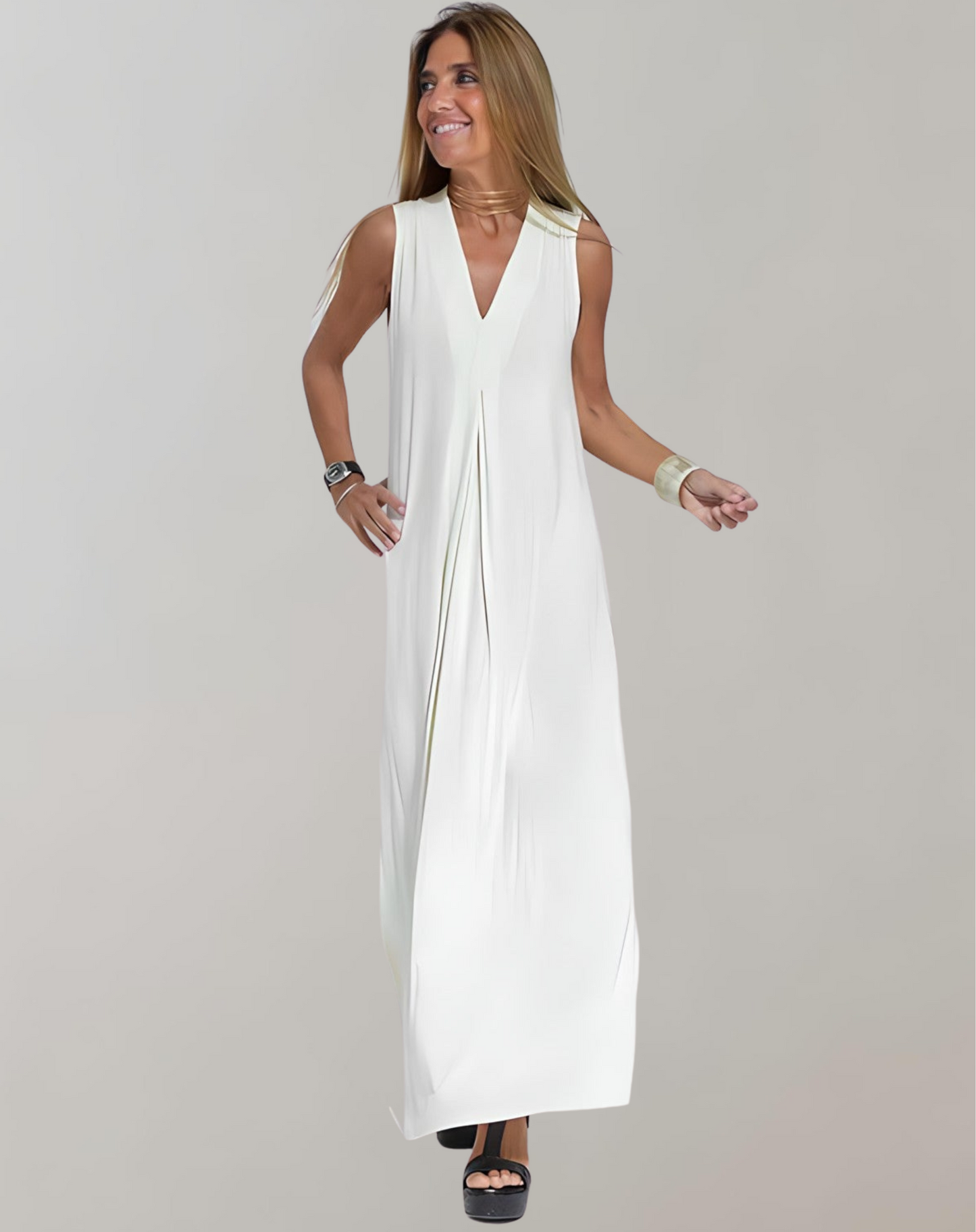 Damen Maxi Kleid mit V-Ausschnitt aus Baumwolle Jully