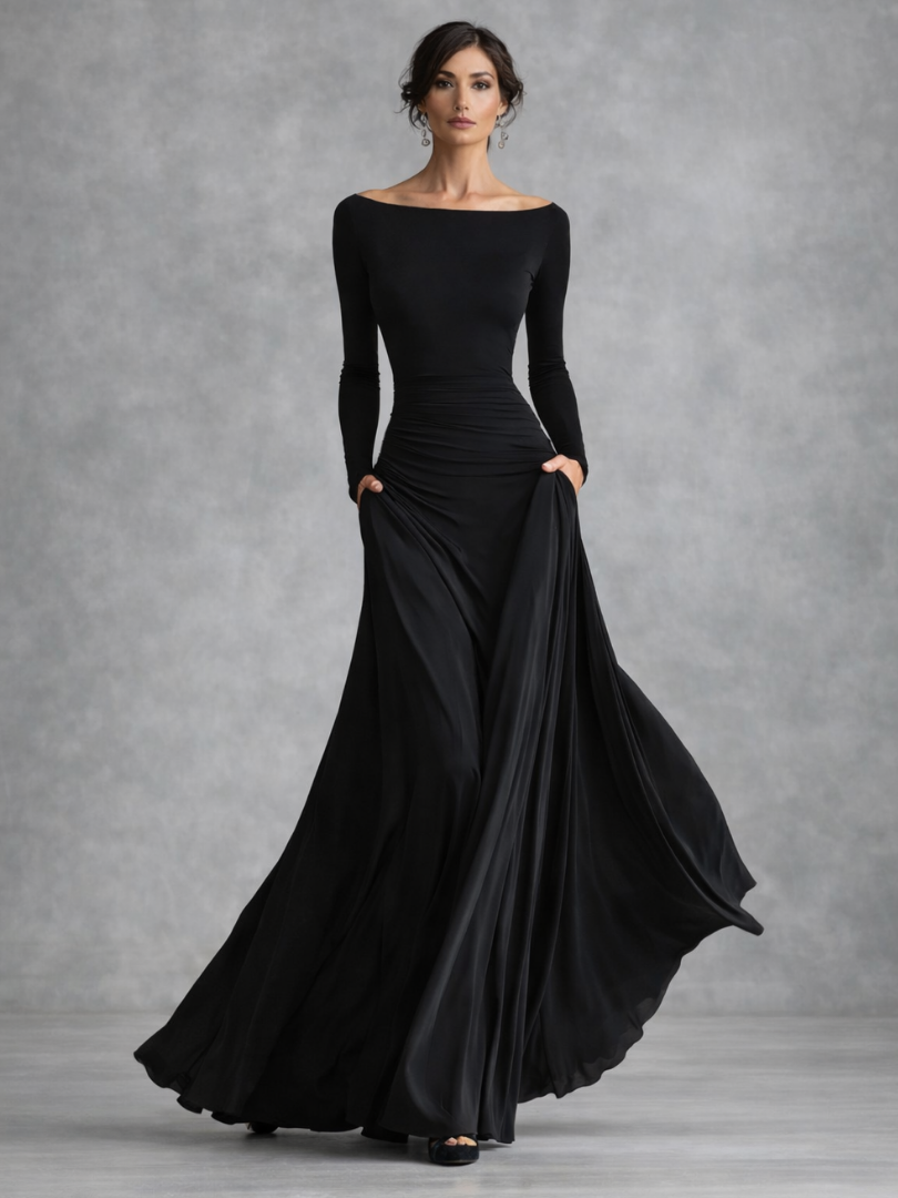 Damen Maxikleid langarm mit Drapierung Jully