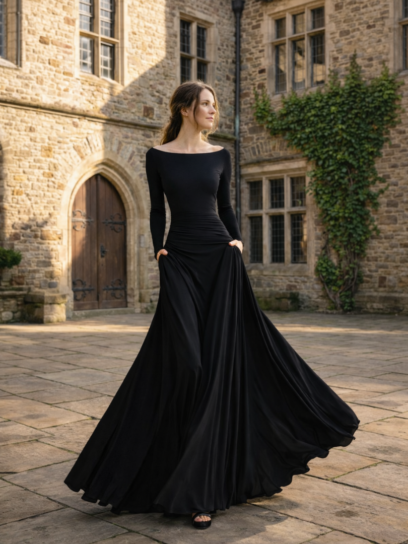 Damen Maxikleid langarm mit Drapierung Jully