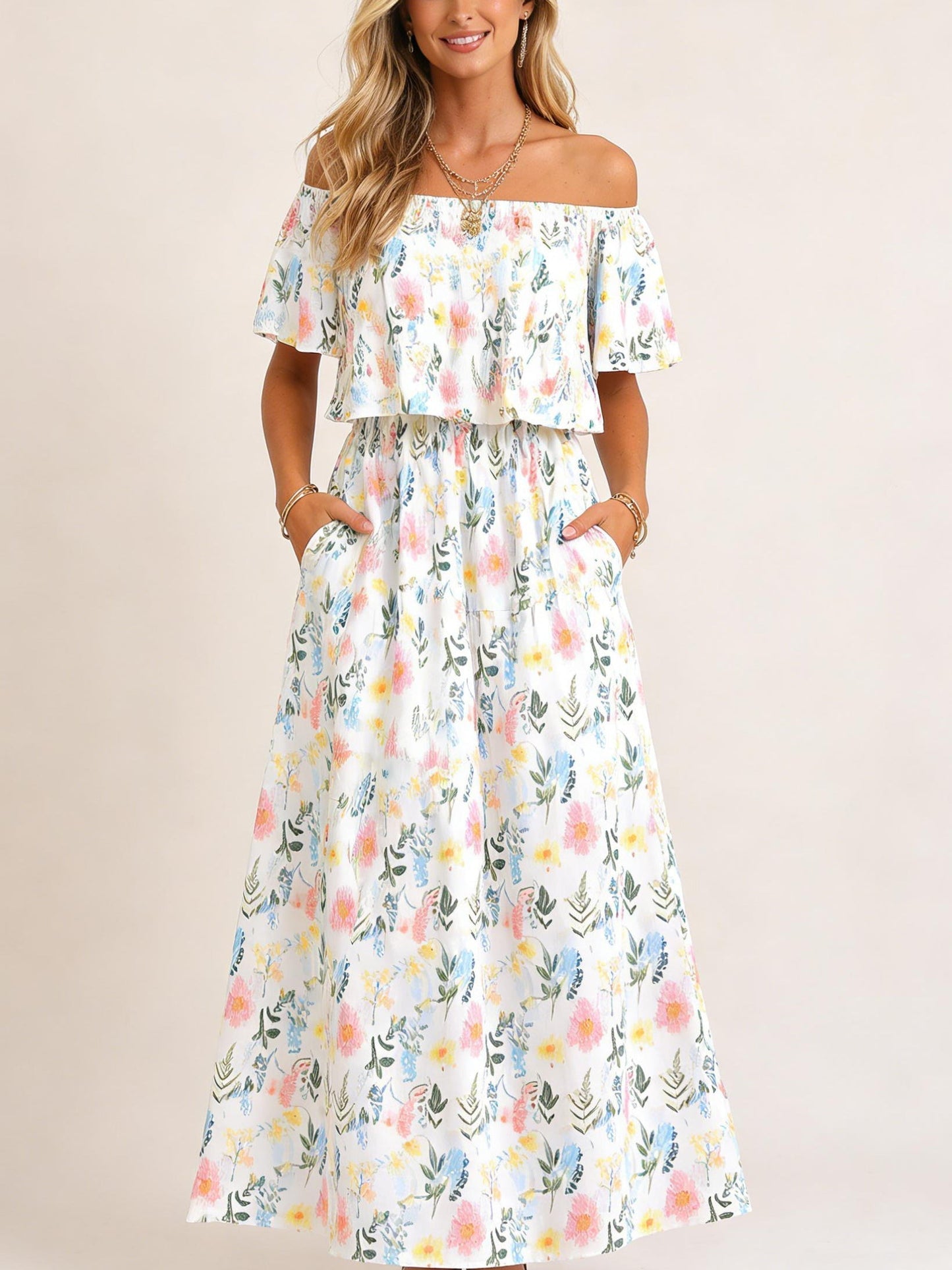 Damen Maxikleid mit Blumenmuster und Gummibund Jully