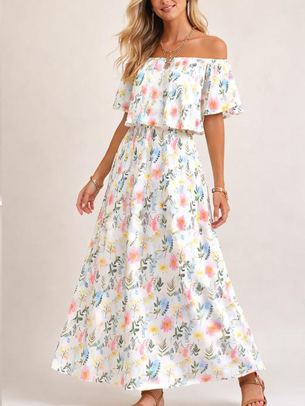 Damen Maxikleid mit Blumenmuster und Gummibund Jully