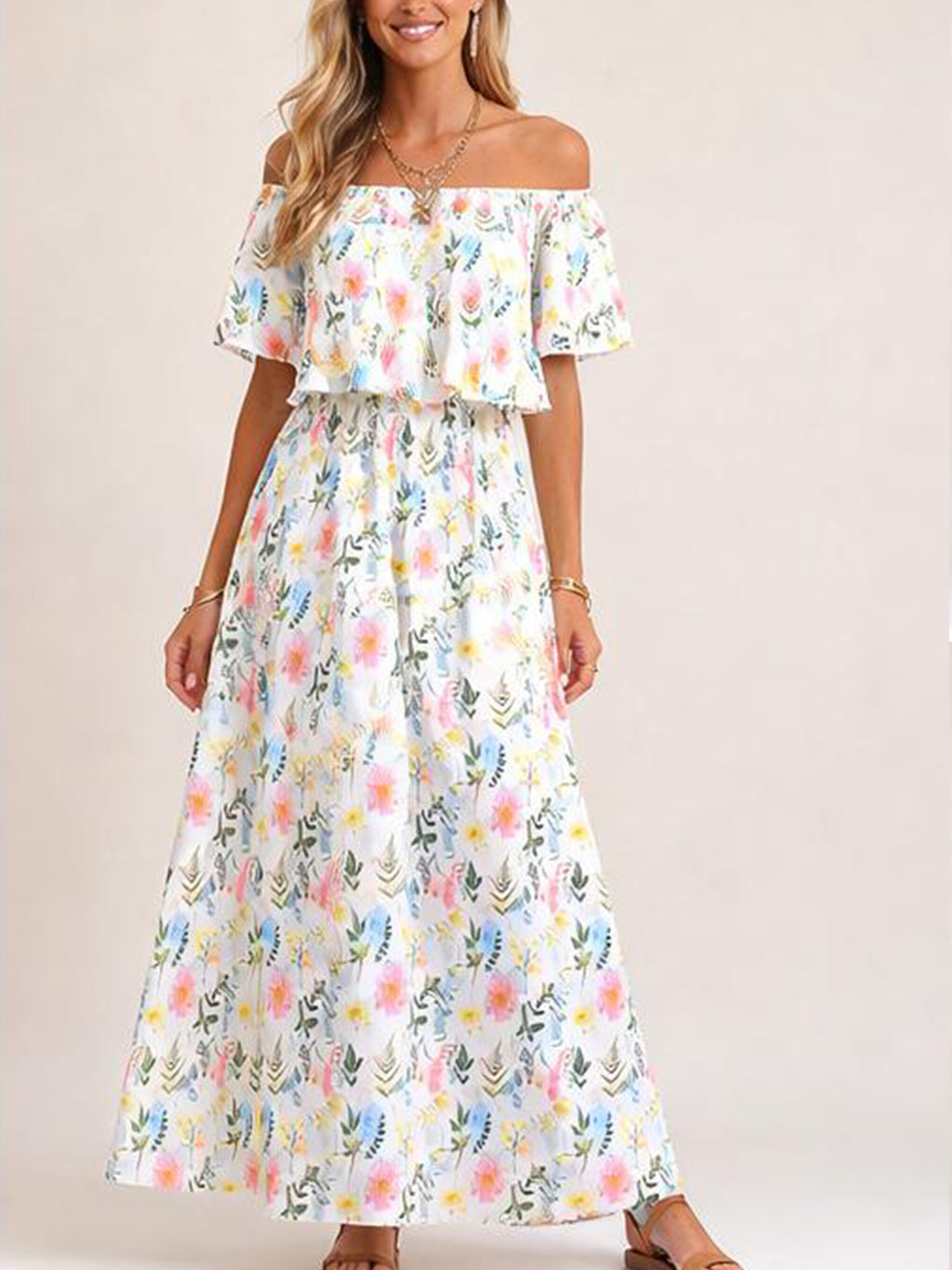 Damen Maxikleid mit Blumenmuster und Gummibund Jully