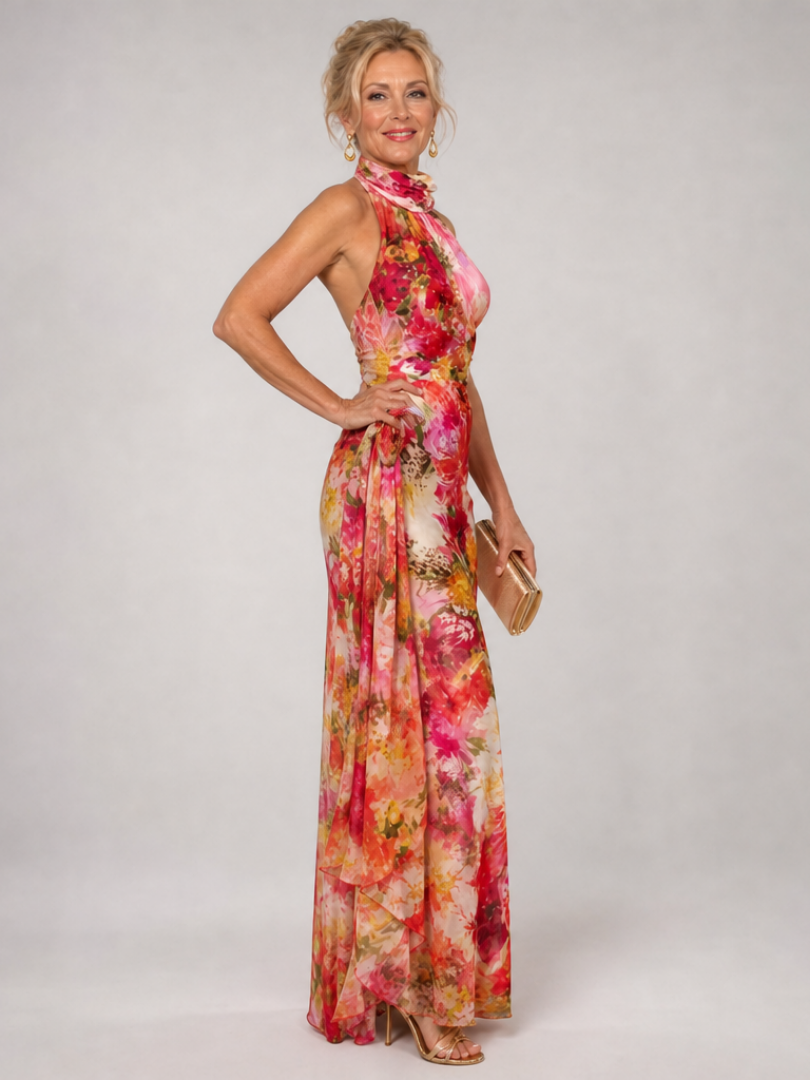 Damen Maxikleid mit Blumenmuster und Halterneck Jully