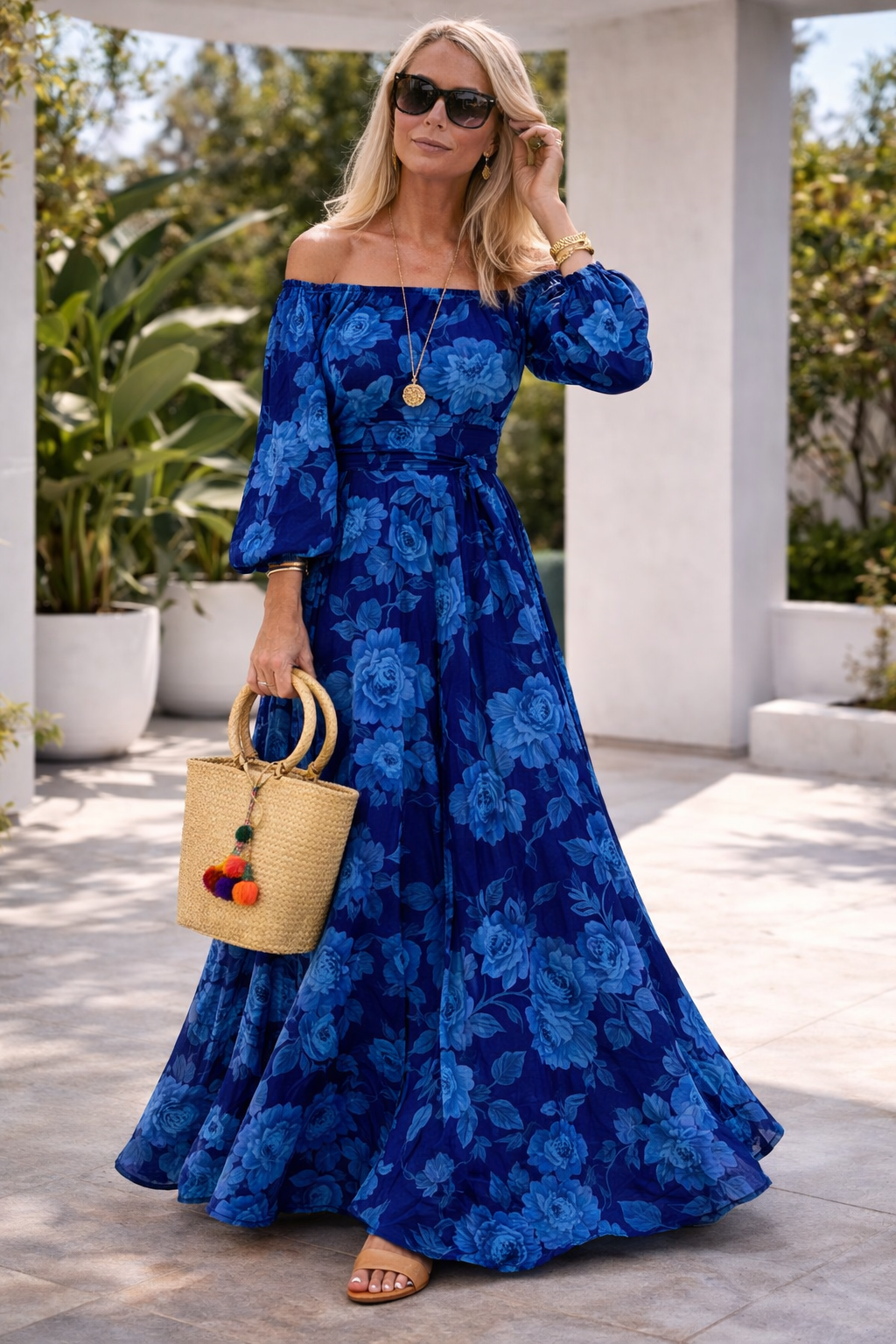 Damen Maxikleid mit Blumenmuster und Off-Shoulder Jully