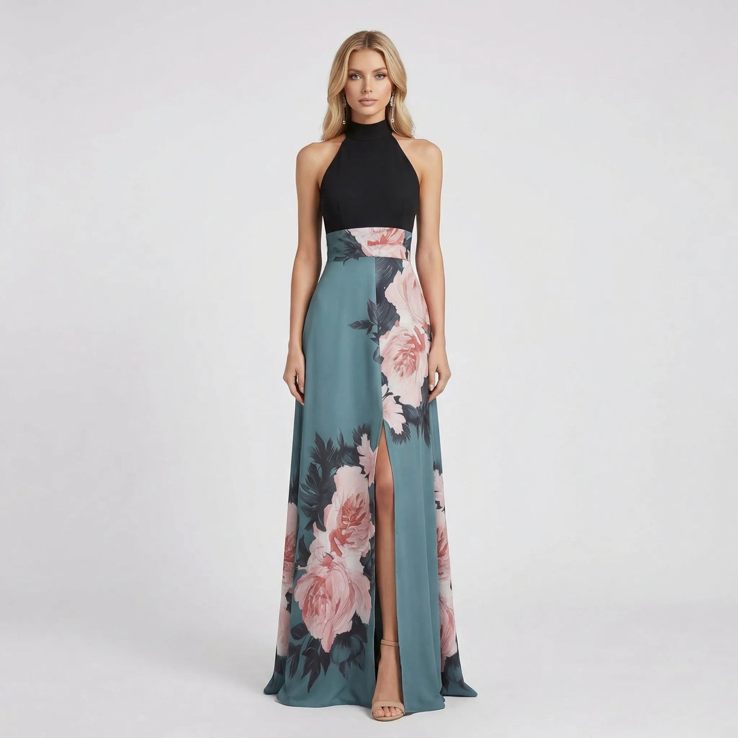 Damen Maxikleid mit Blumenmuster und Rundhalsausschnitt Jully