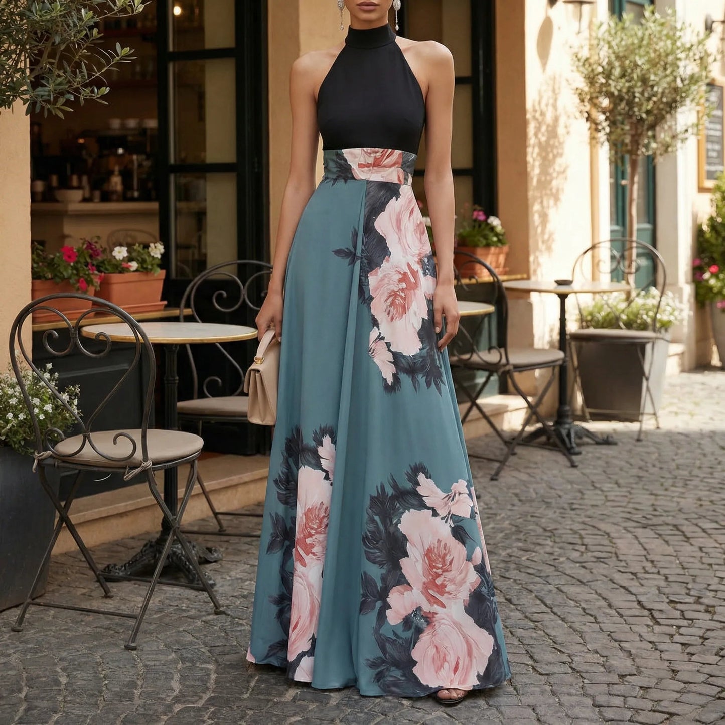 Damen Maxikleid mit Blumenmuster und Rundhalsausschnitt Jully