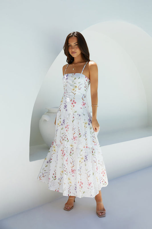 Damen Maxikleid mit Blumenmuster und verstellbaren Trägern Jully