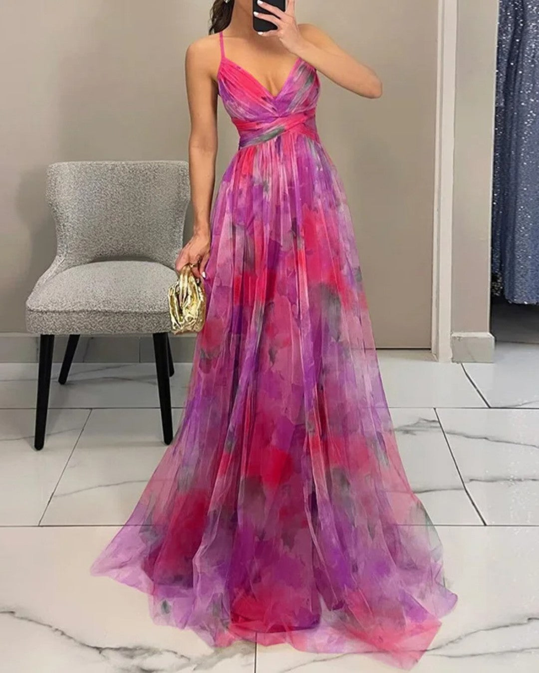 Damen Maxikleid mit Blumenprint und verstellbaren Trägern Jully