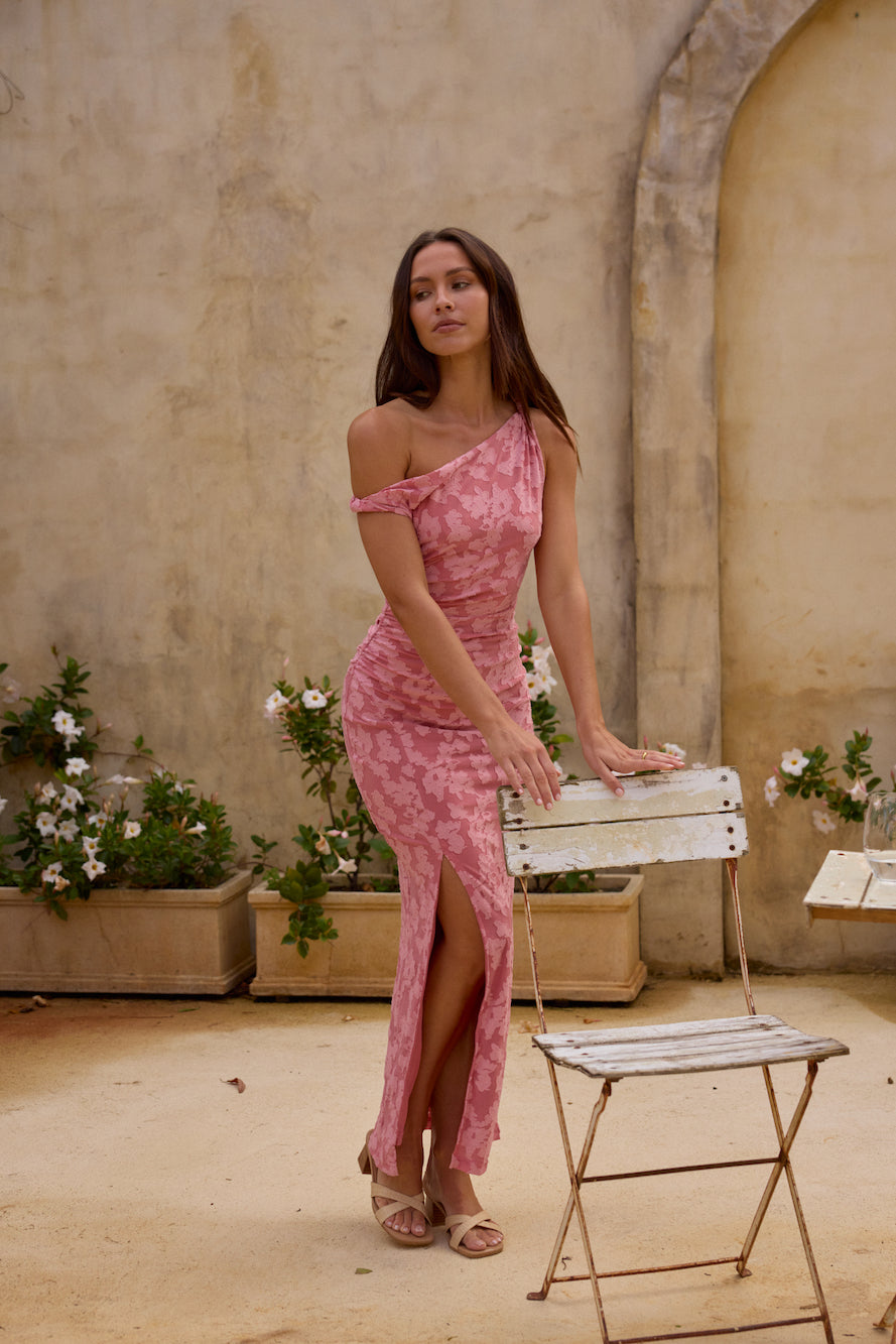 Damen Maxikleid mit Blumenstickerei in Rosa Jully