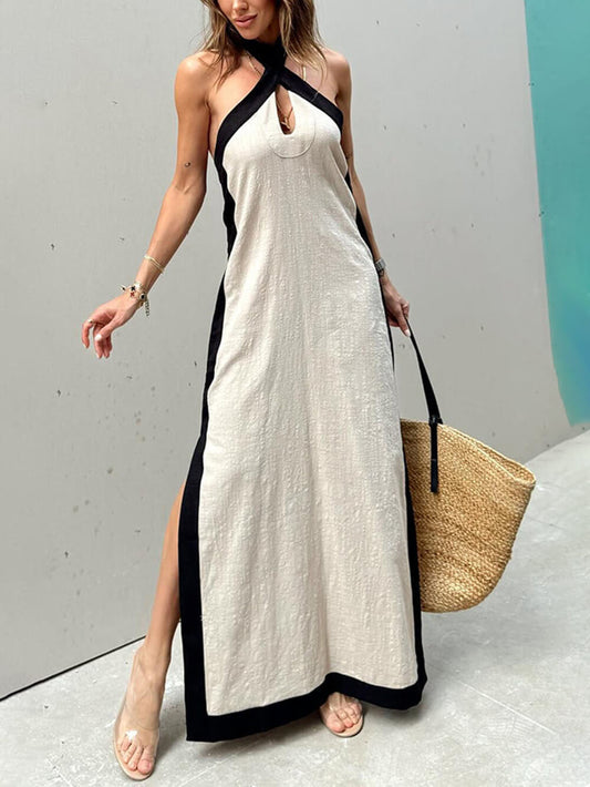 Damen Maxikleid mit Farbblock und Schlitz Jully