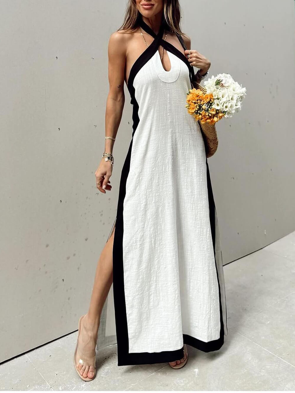 Damen Maxikleid mit Farbblock und Schlitz Jully