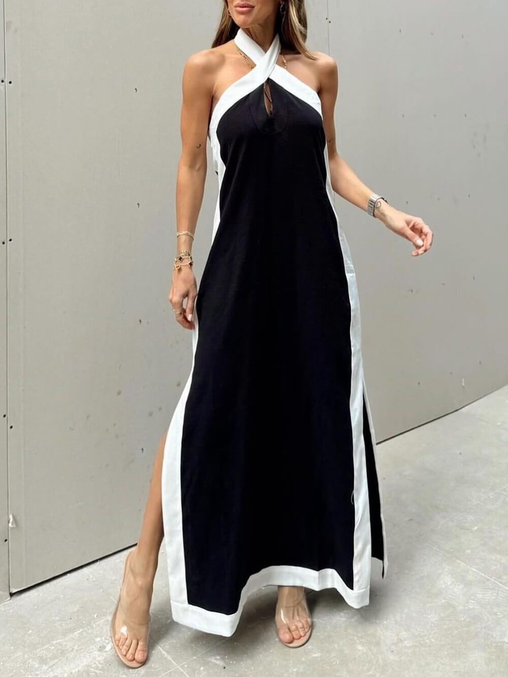 Damen Maxikleid mit Farbblock und Schlitz Jully