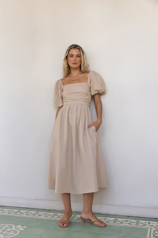 Damen Maxikleid mit Gerafftem Ausschnitt in Leinen Jully