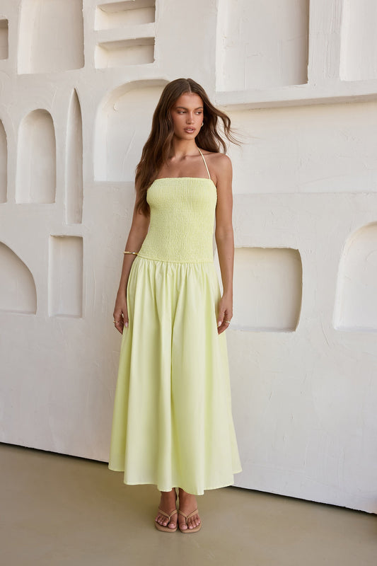 Damen Maxikleid mit Gesmoktem Oberteil in Gelb Jully