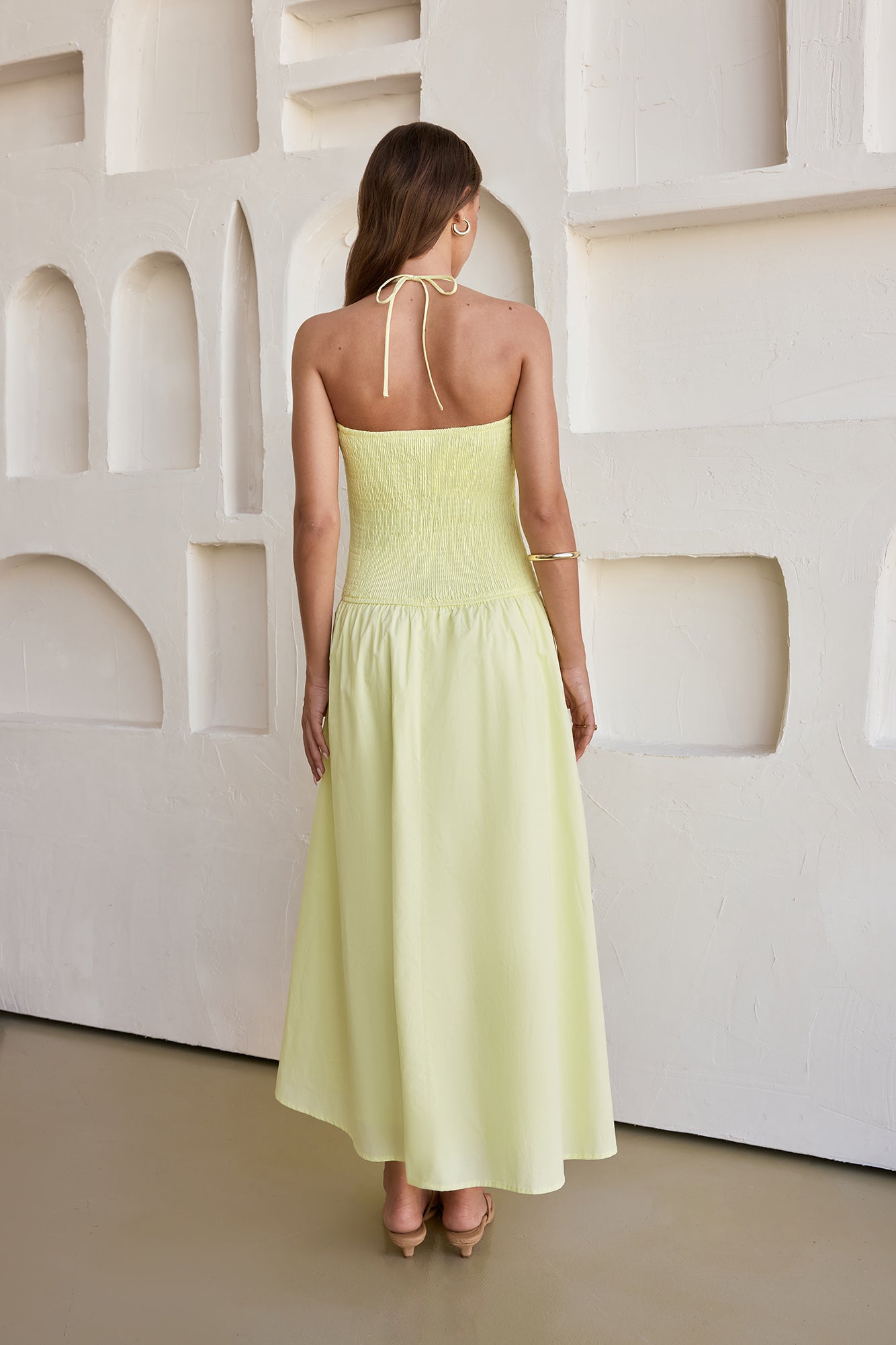 Damen Maxikleid mit Gesmoktem Oberteil in Gelb Jully