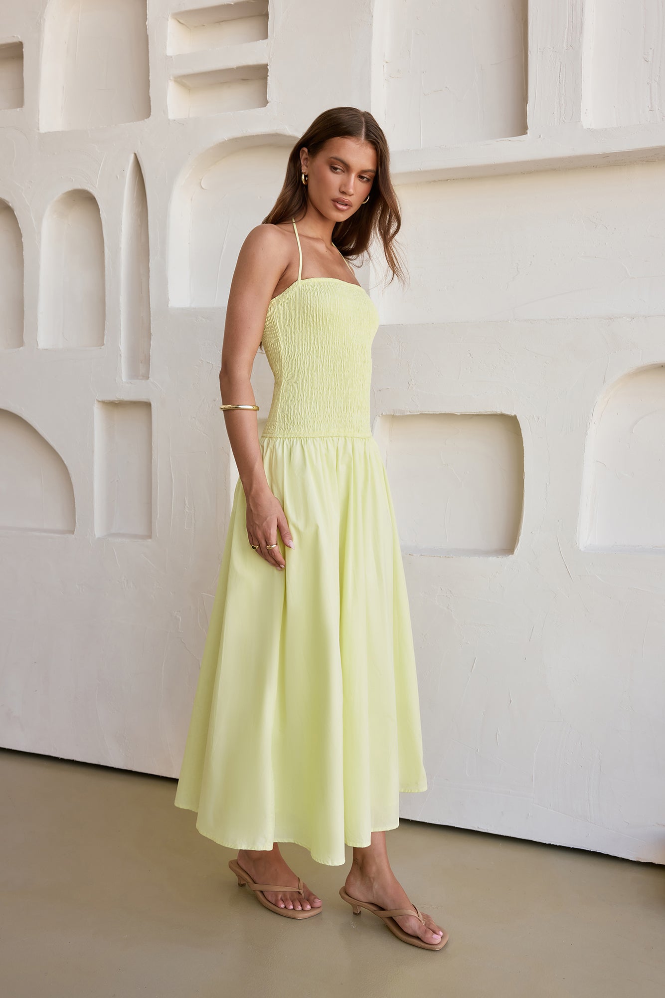 Damen Maxikleid mit Gesmoktem Oberteil in Gelb Jully