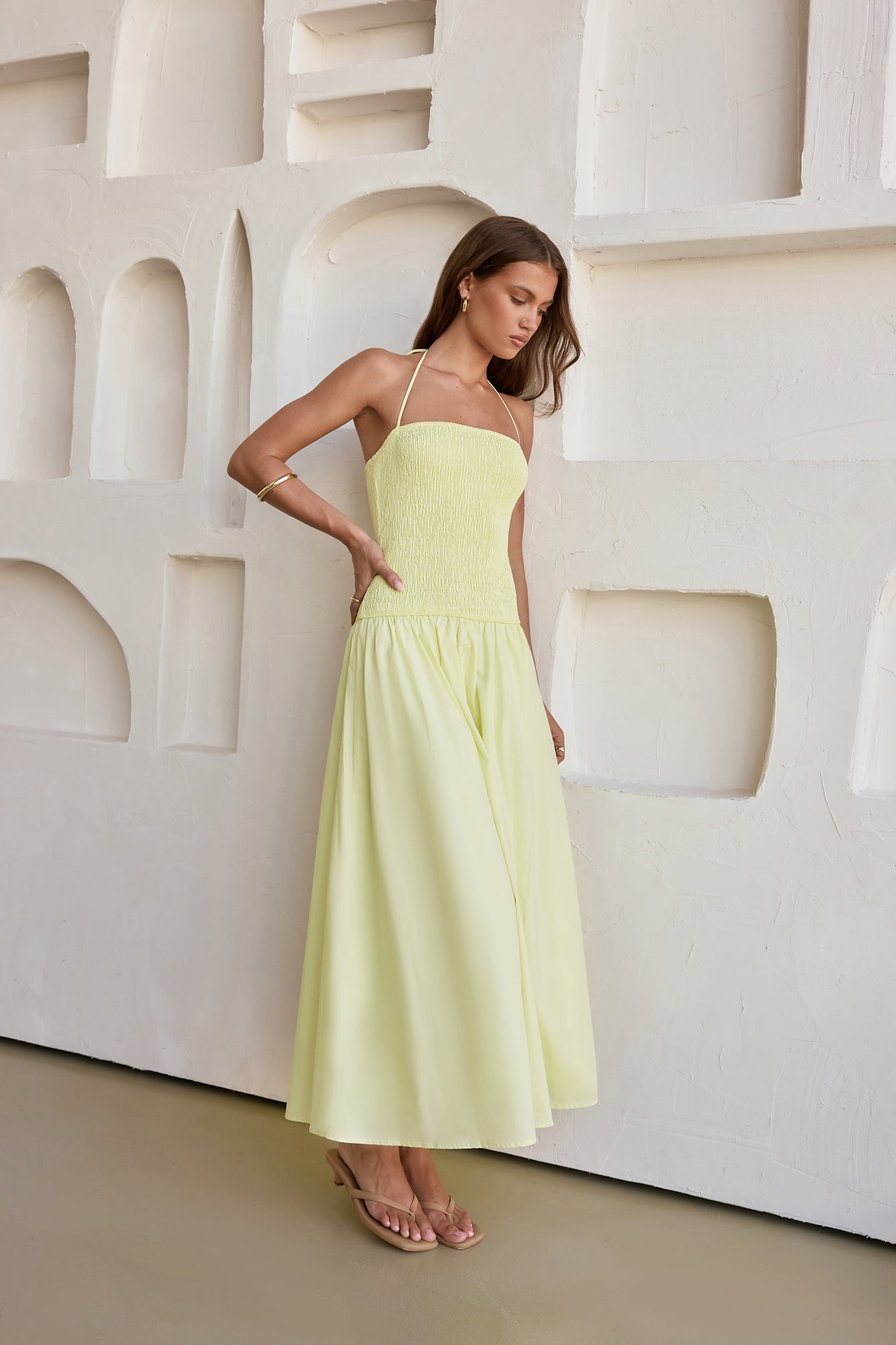 Damen Maxikleid mit Gesmoktem Oberteil in Gelb Jully