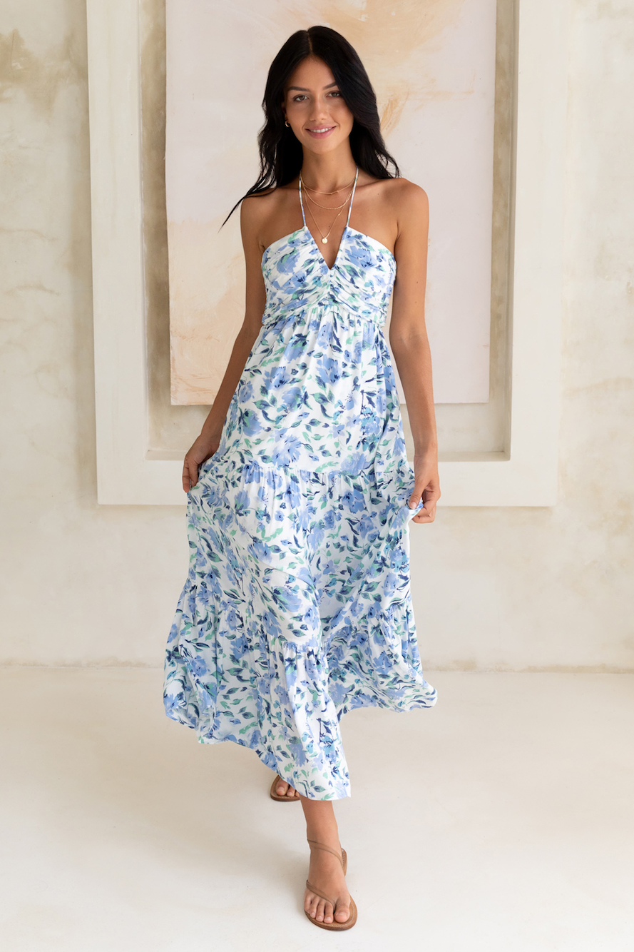 Damen Maxikleid mit Neckholder-V-Detail aus leichtem Polyester Jully