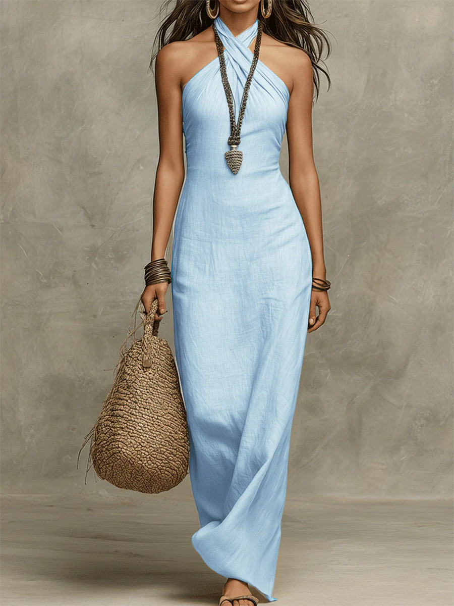 Damen Maxikleid mit Neckholder aus Baumwolle-Leinen Jully