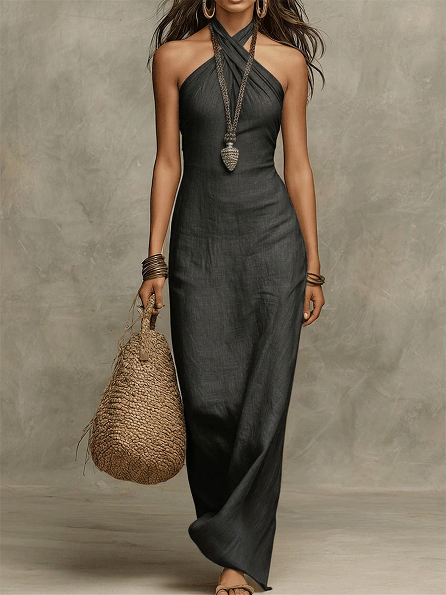 Damen Maxikleid mit Neckholder aus Baumwolle-Leinen Jully